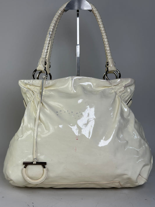 Vintage Ferragamo Patent Leather Handbag Cream Silver