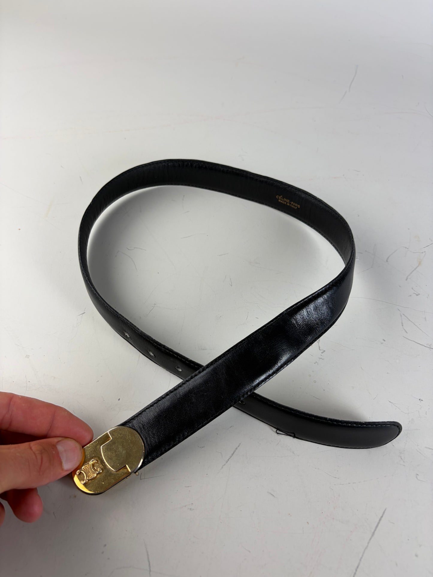 Vintage Celine Leather Belt Black Gold Buckle