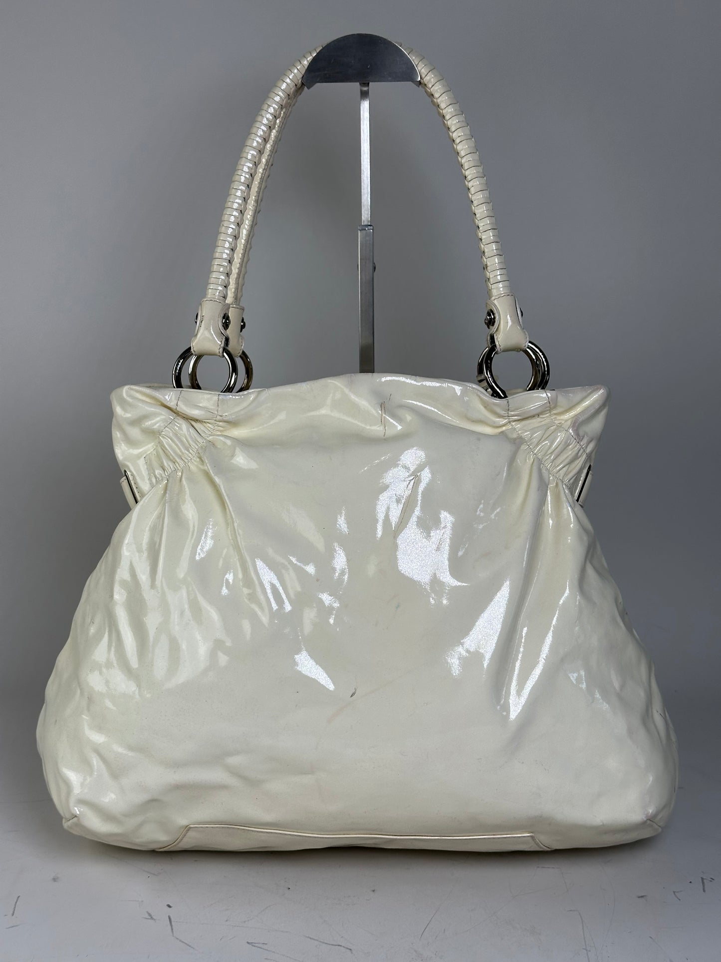 Vintage Ferragamo Patent Leather Handbag Cream Silver