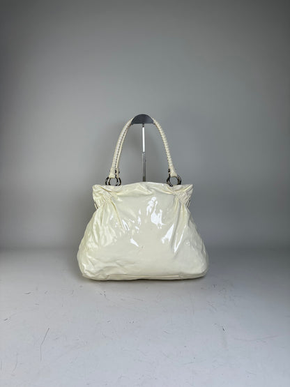 Vintage Ferragamo Patent Leather Handbag Cream Silver