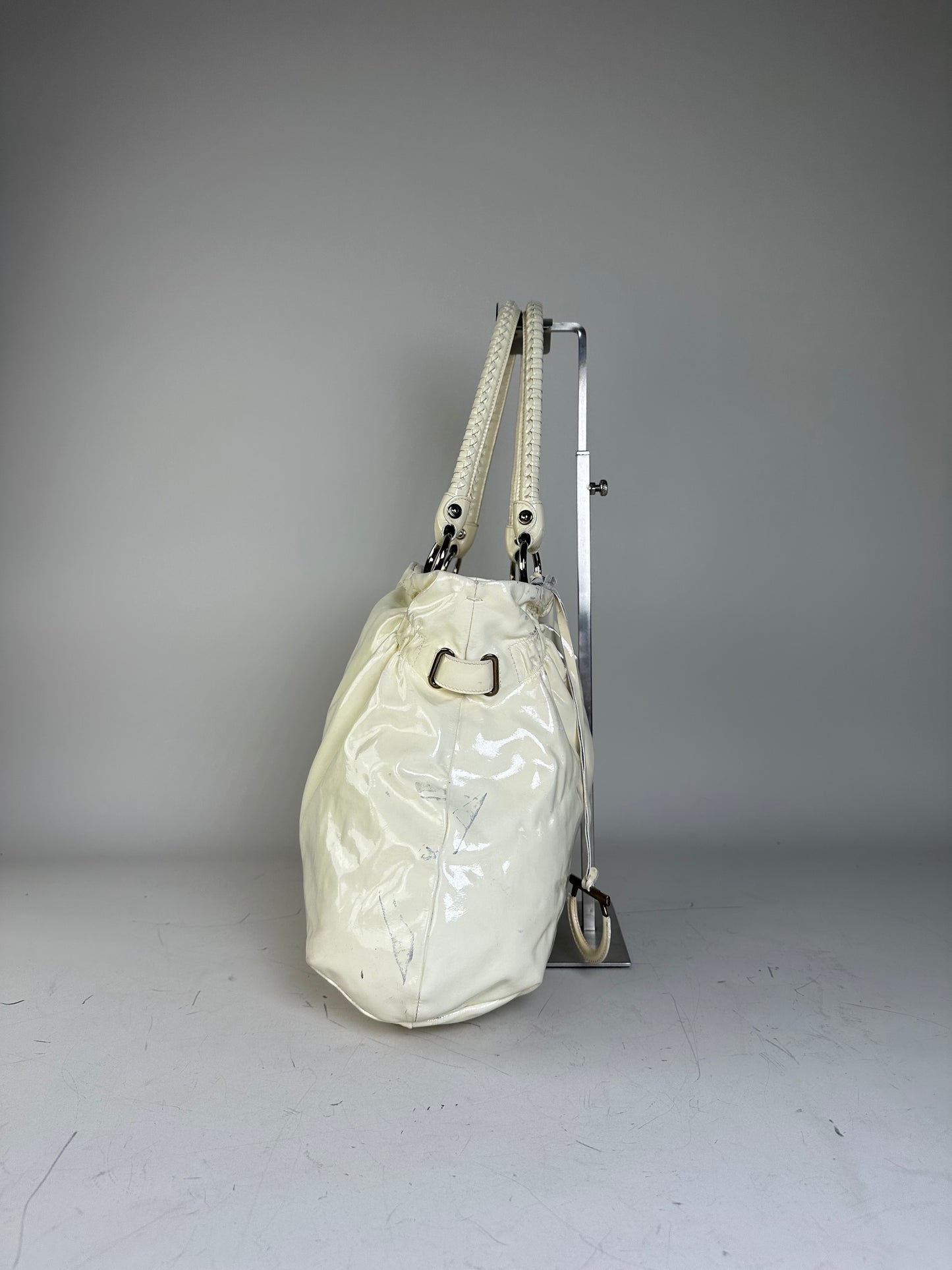 Vintage Ferragamo Patent Leather Handbag Cream Silver