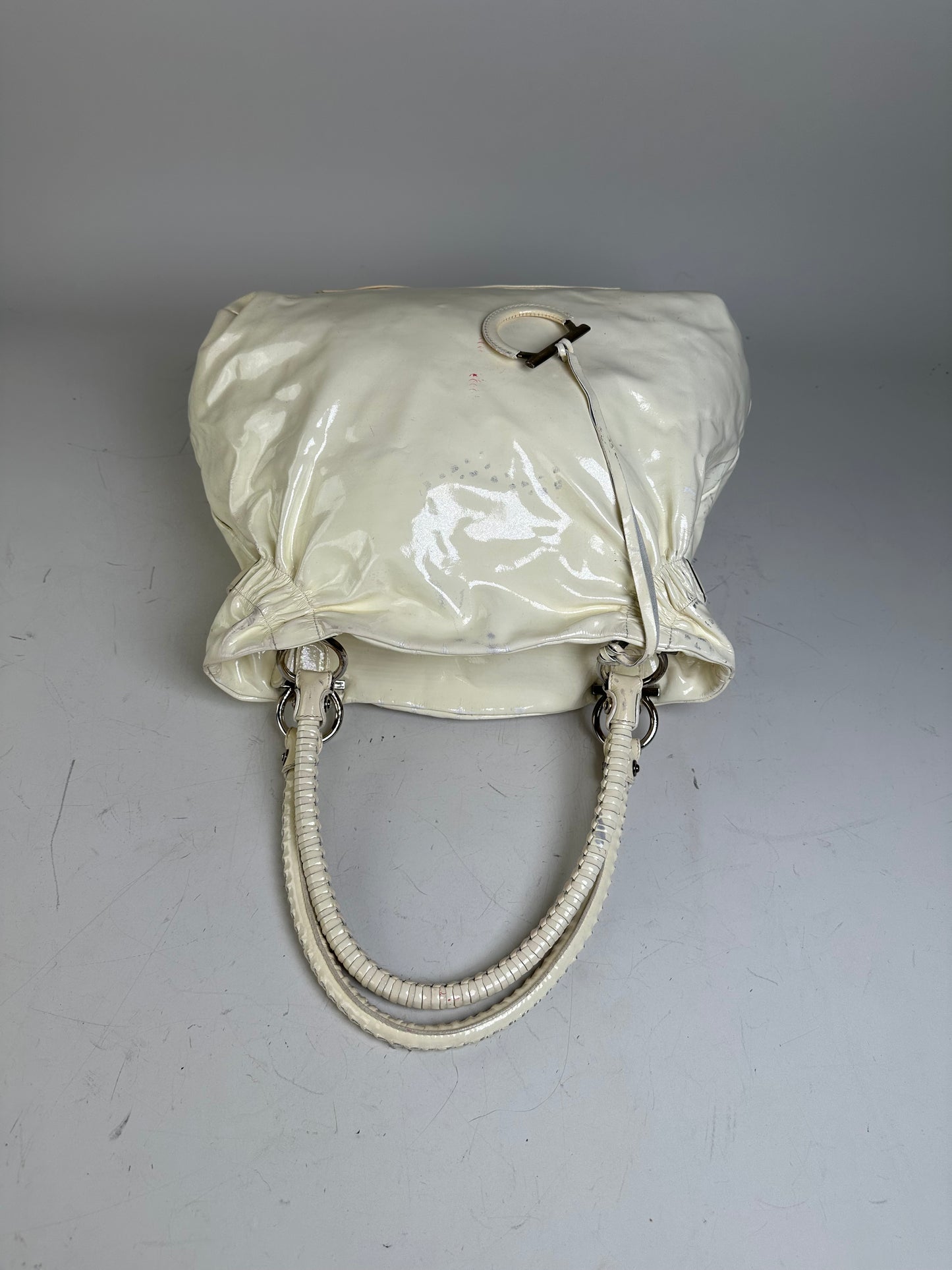 Vintage Ferragamo Patent Leather Handbag Cream Silver