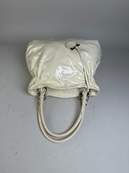 Vintage Ferragamo Patent Leather Handbag Cream Silver