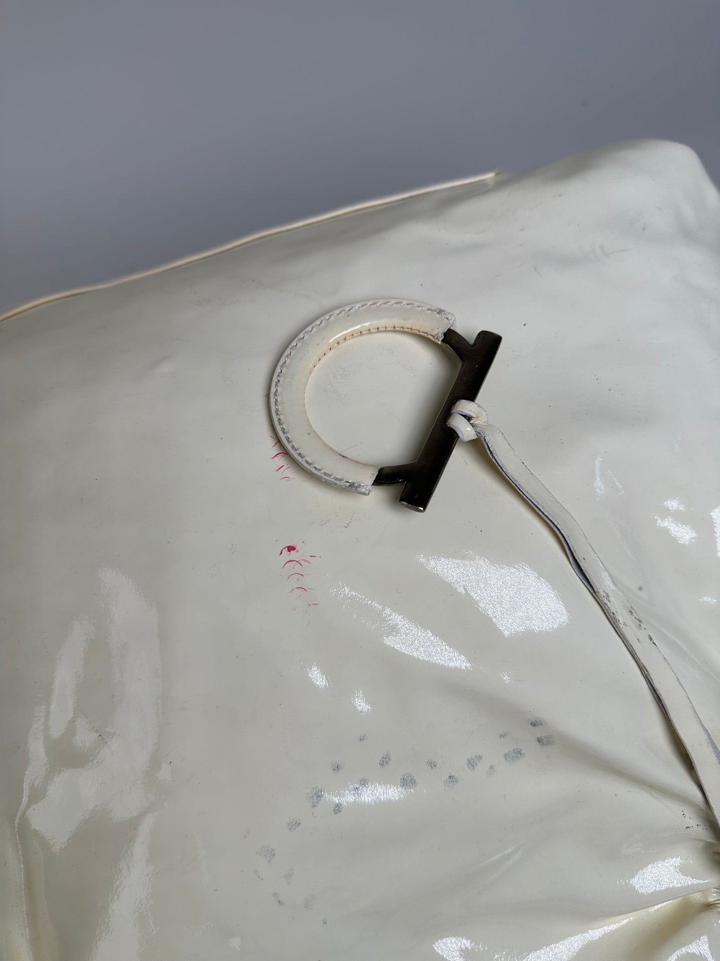 Vintage Ferragamo Patent Leather Handbag Cream Silver