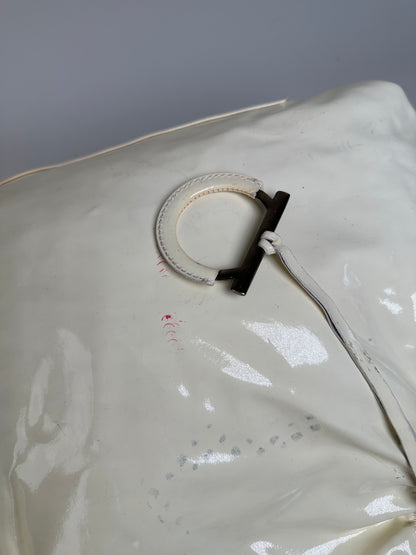 Vintage Ferragamo Patent Leather Handbag Cream Silver