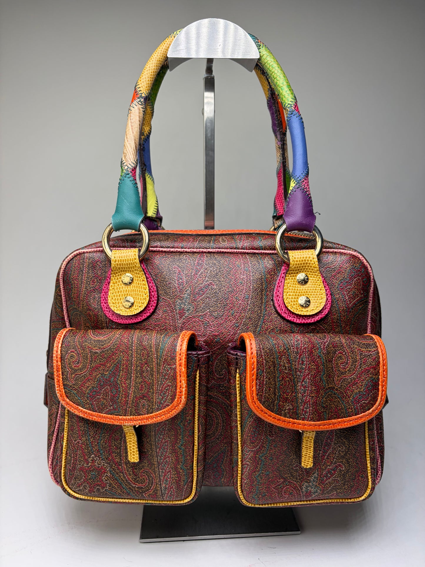 Vintage Etro Paisley Print Satchel Bag Burgundy Orange