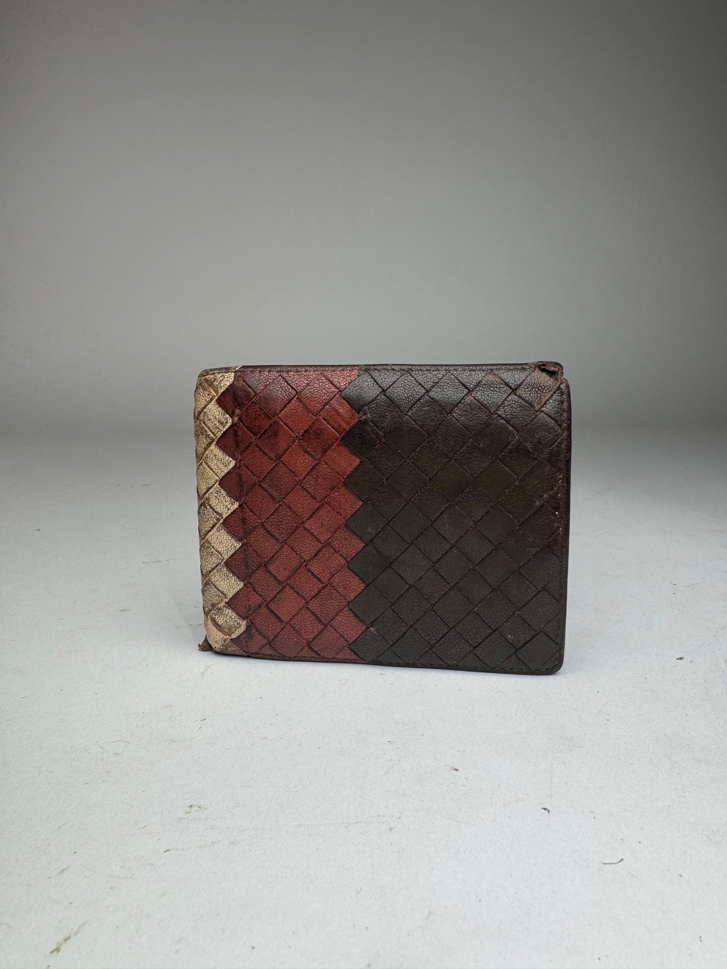 Vintage Bottega Veneta Intrecciato Leather Wallet Beige Red Brown Flapable