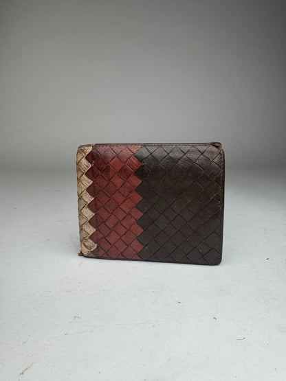 Vintage Bottega Veneta Intrecciato Leather Wallet Beige Red Brown Flapable