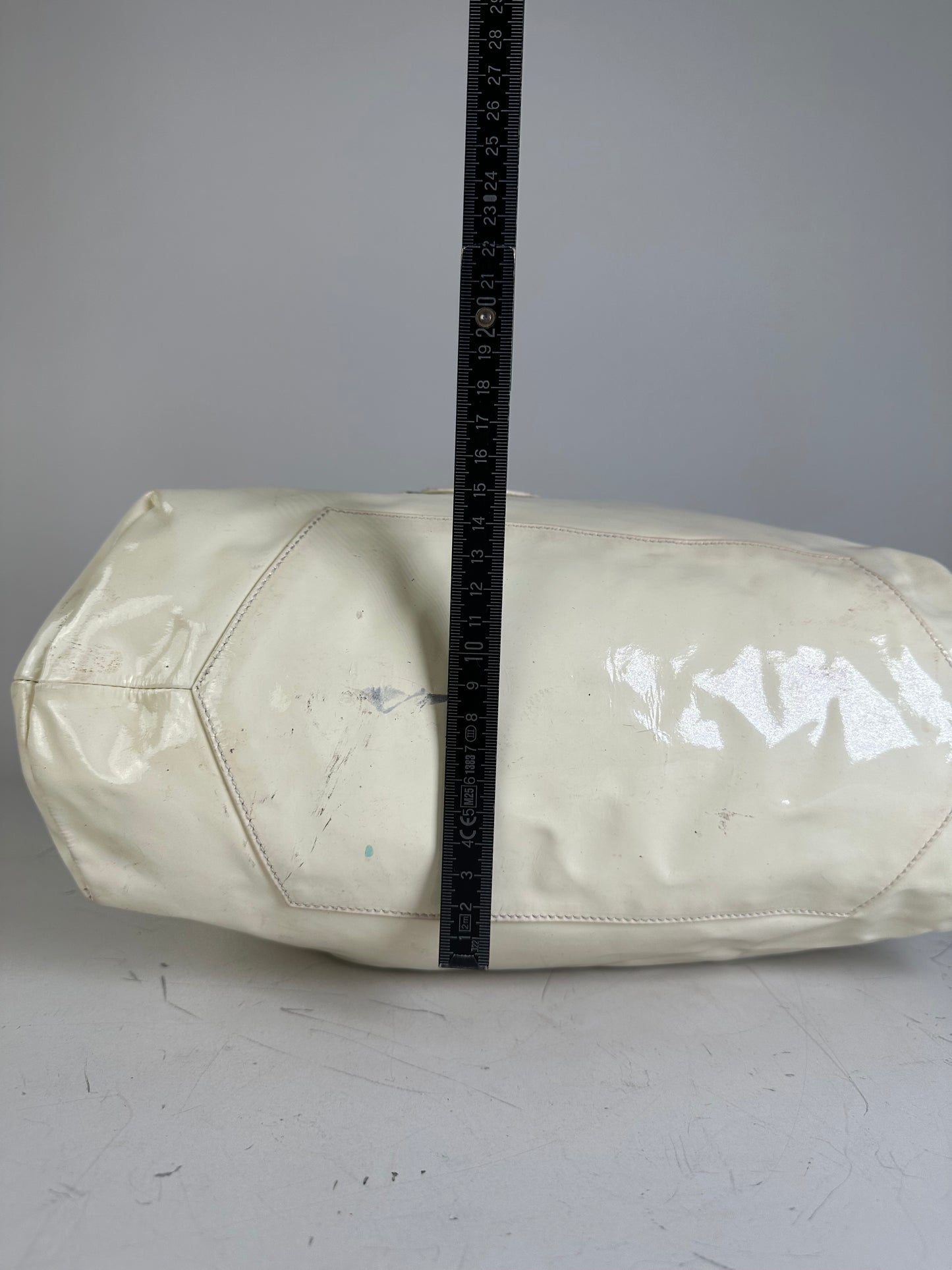 Vintage Ferragamo Patent Leather Handbag Cream Silver