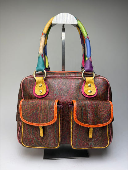 Vintage Etro Paisley Print Satchel Bag Burgundy Orange