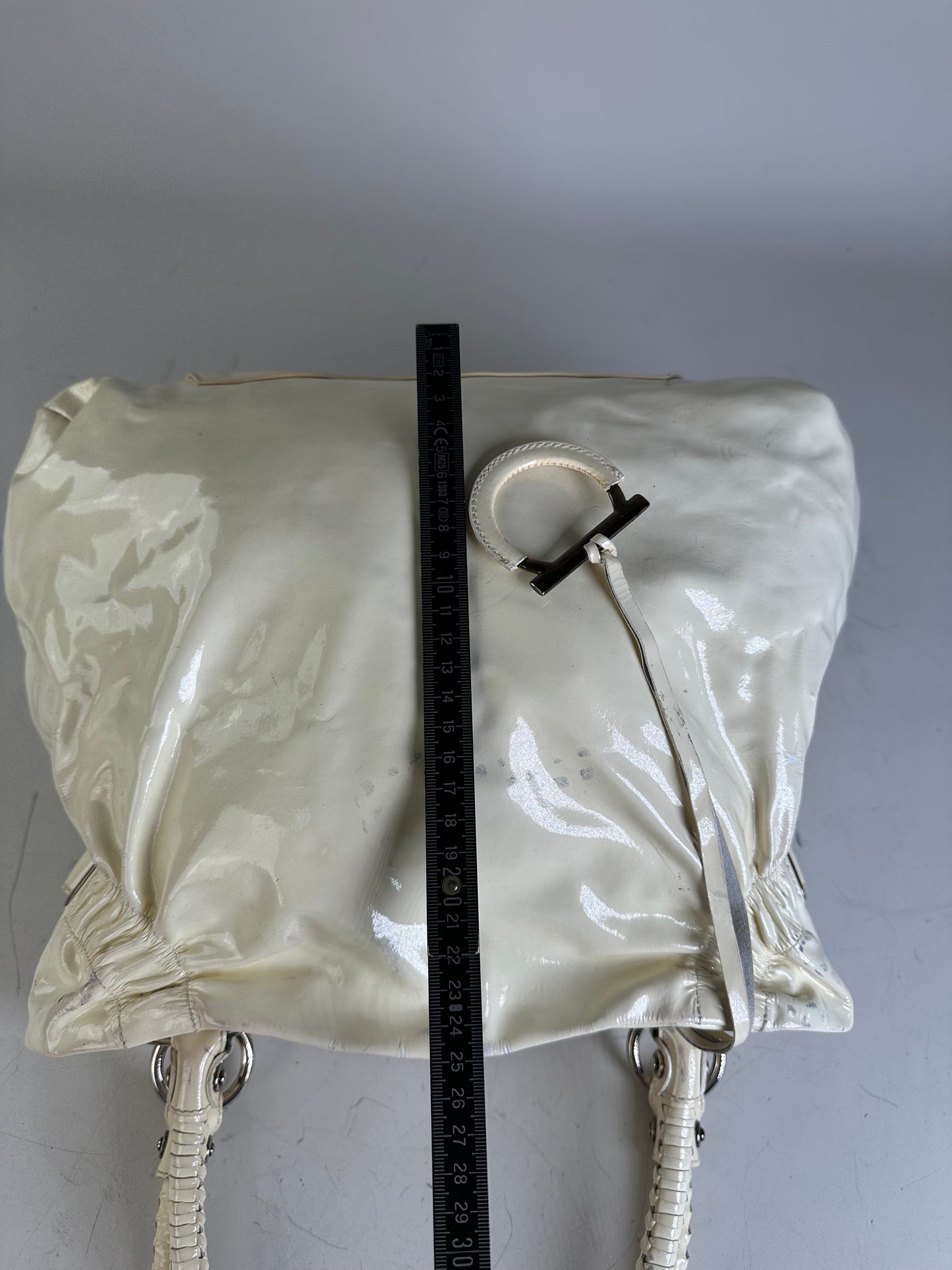 Vintage Ferragamo Patent Leather Handbag Cream Silver