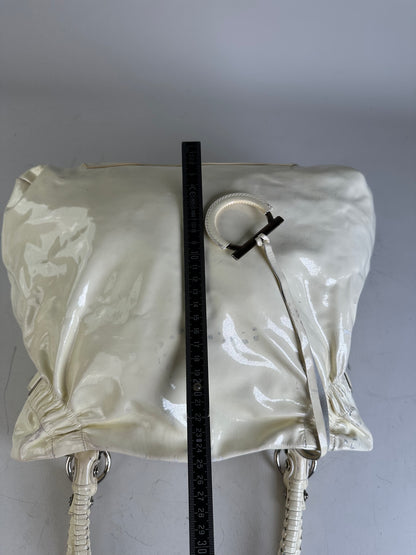 Vintage Ferragamo Patent Leather Handbag Cream Silver