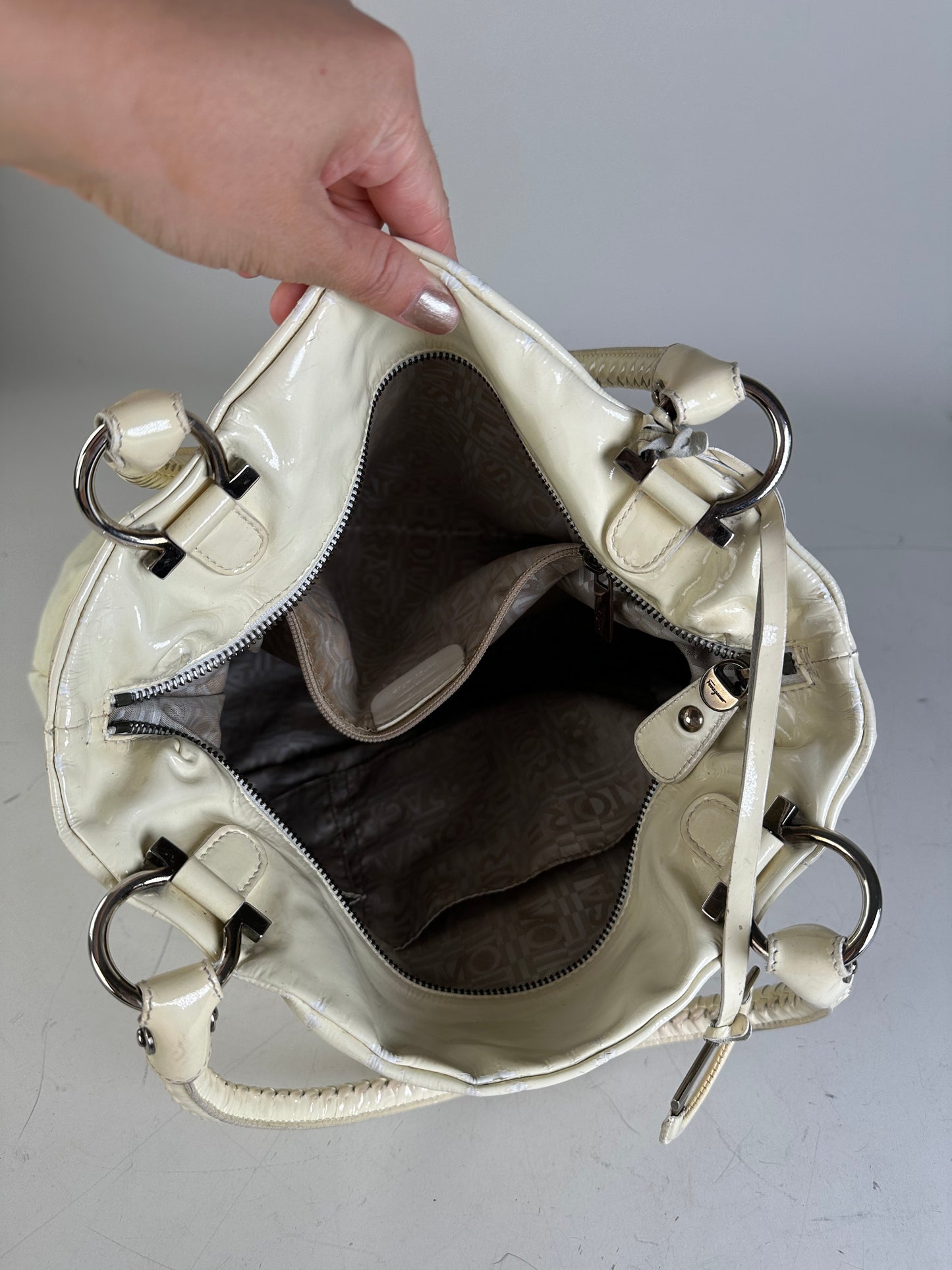 Vintage Ferragamo Patent Leather Handbag Cream Silver