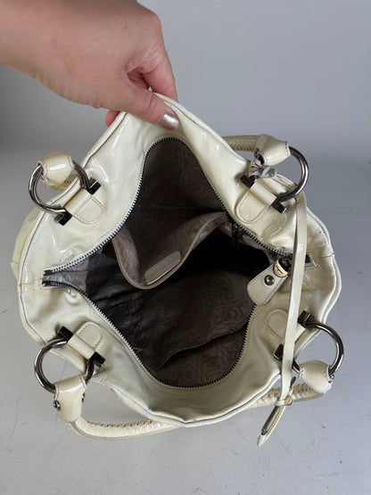 Vintage Ferragamo Patent Leather Handbag Cream Silver