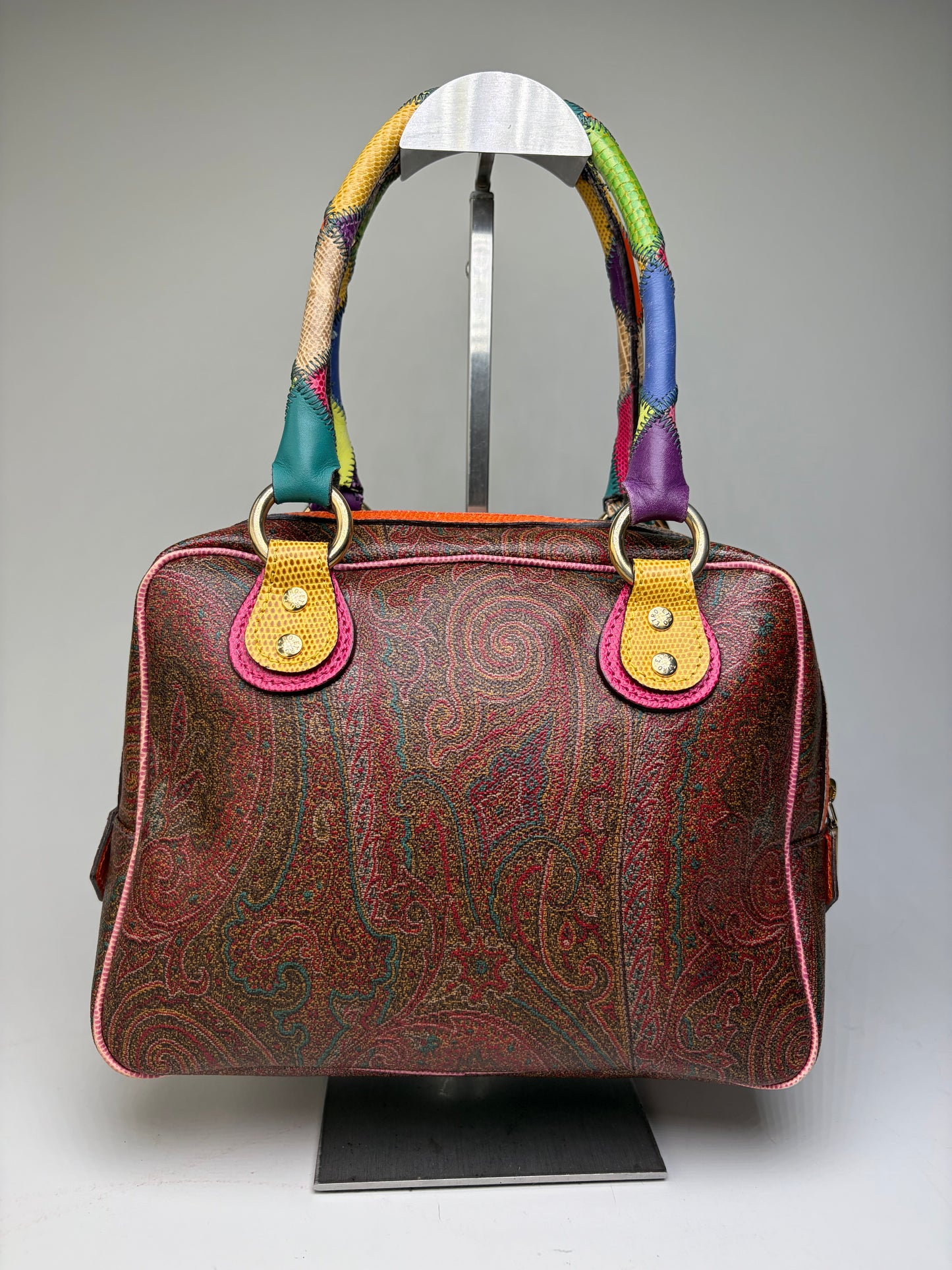 Vintage Etro Paisley Print Satchel Bag Burgundy Orange