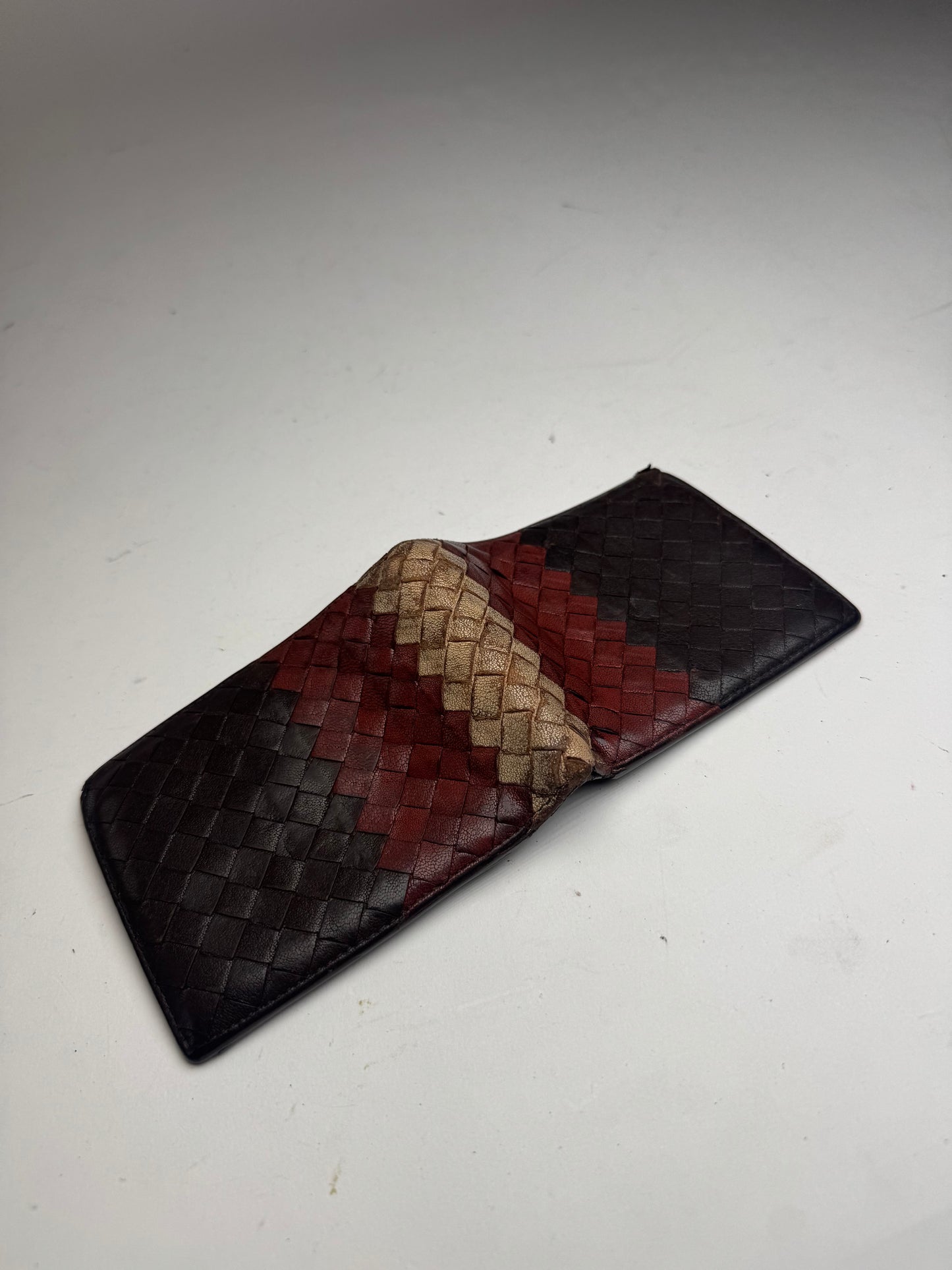 Vintage Bottega Veneta Intrecciato Leather Wallet Beige Red Brown Flapable