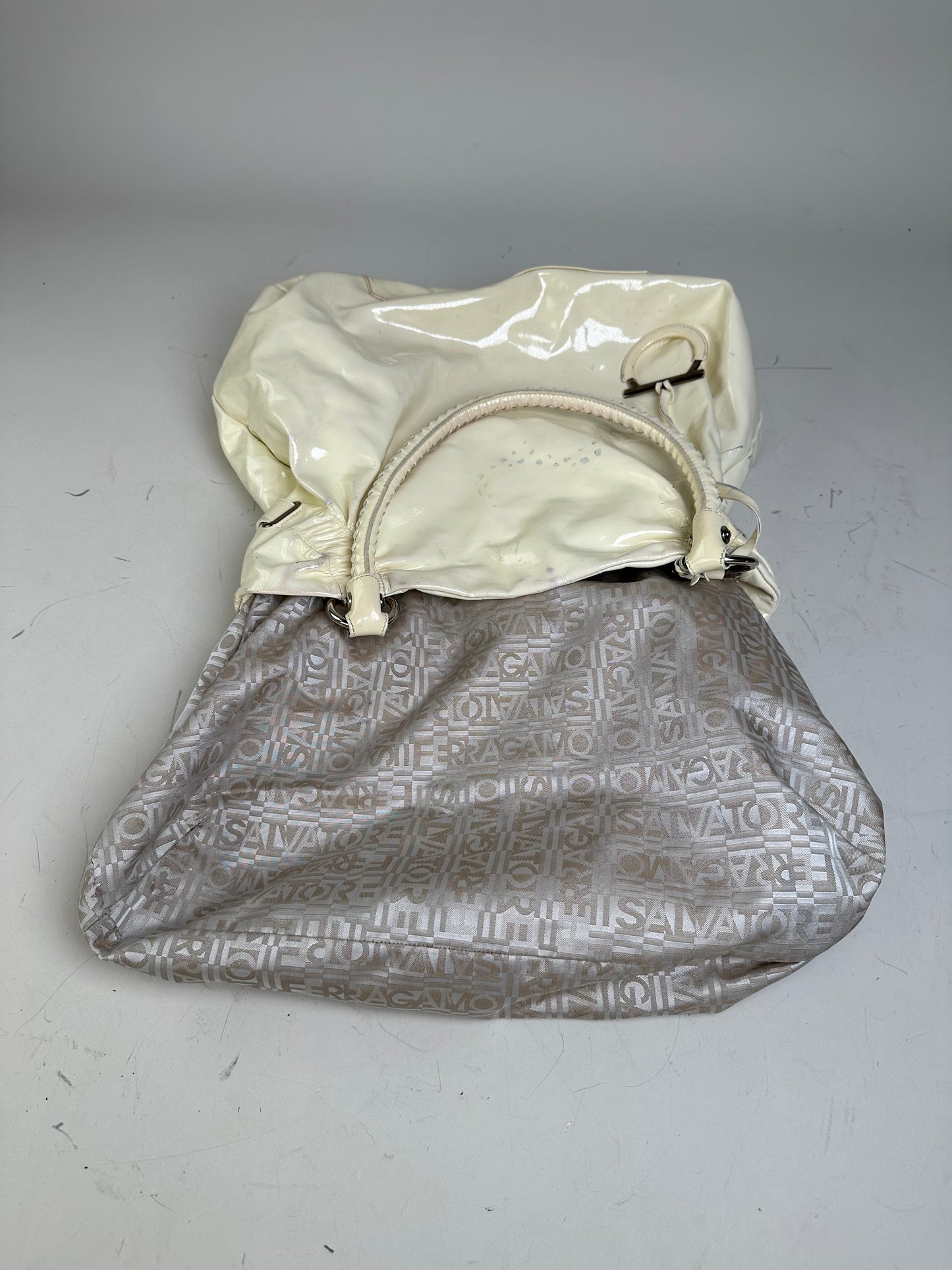 Vintage Ferragamo Patent Leather Handbag Cream Silver