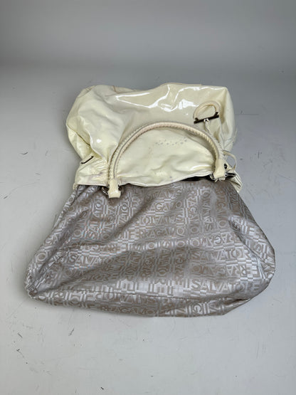 Vintage Ferragamo Patent Leather Handbag Cream Silver