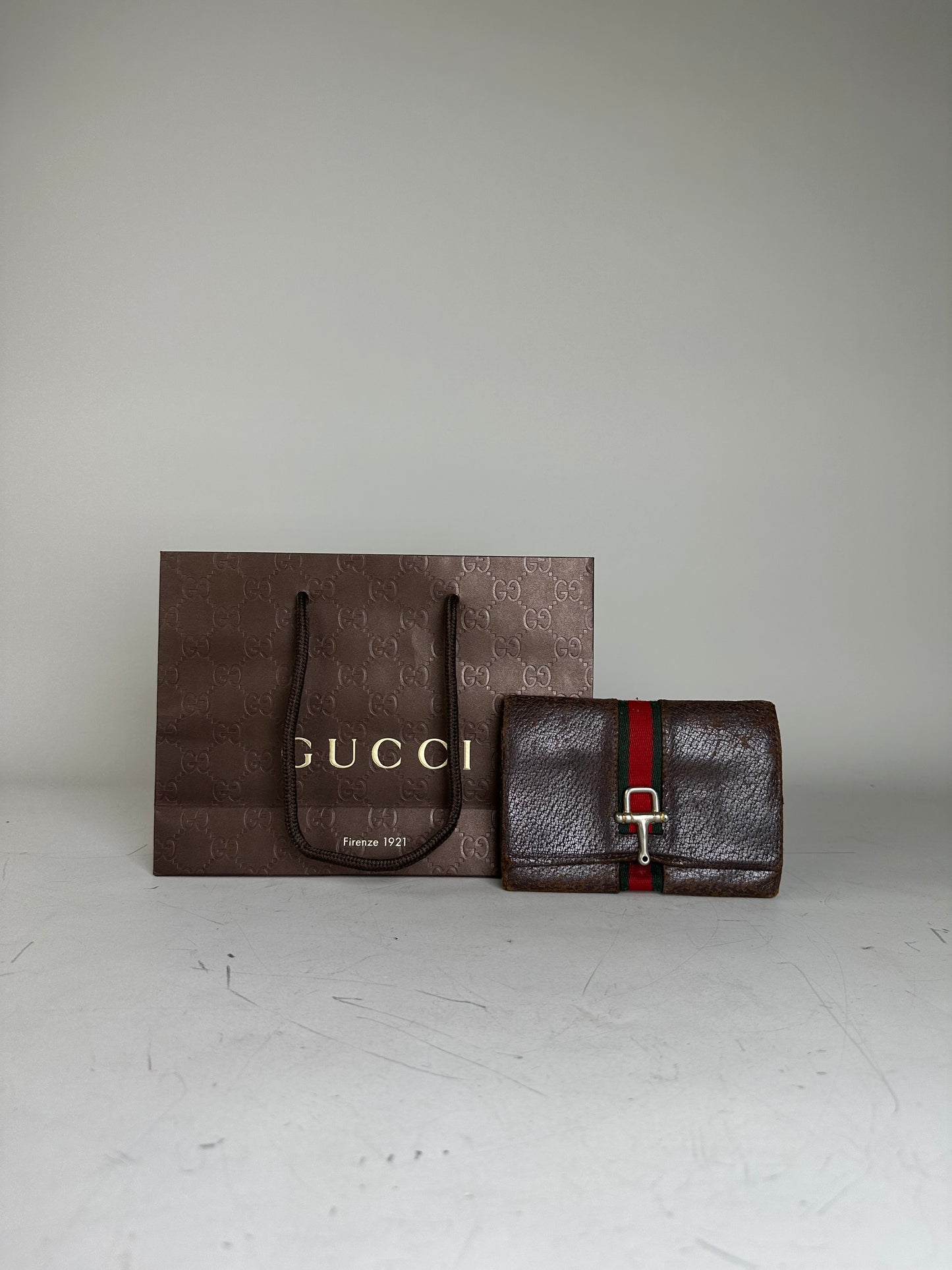 Vintage Gucci Leather Wallet Brown Silver
