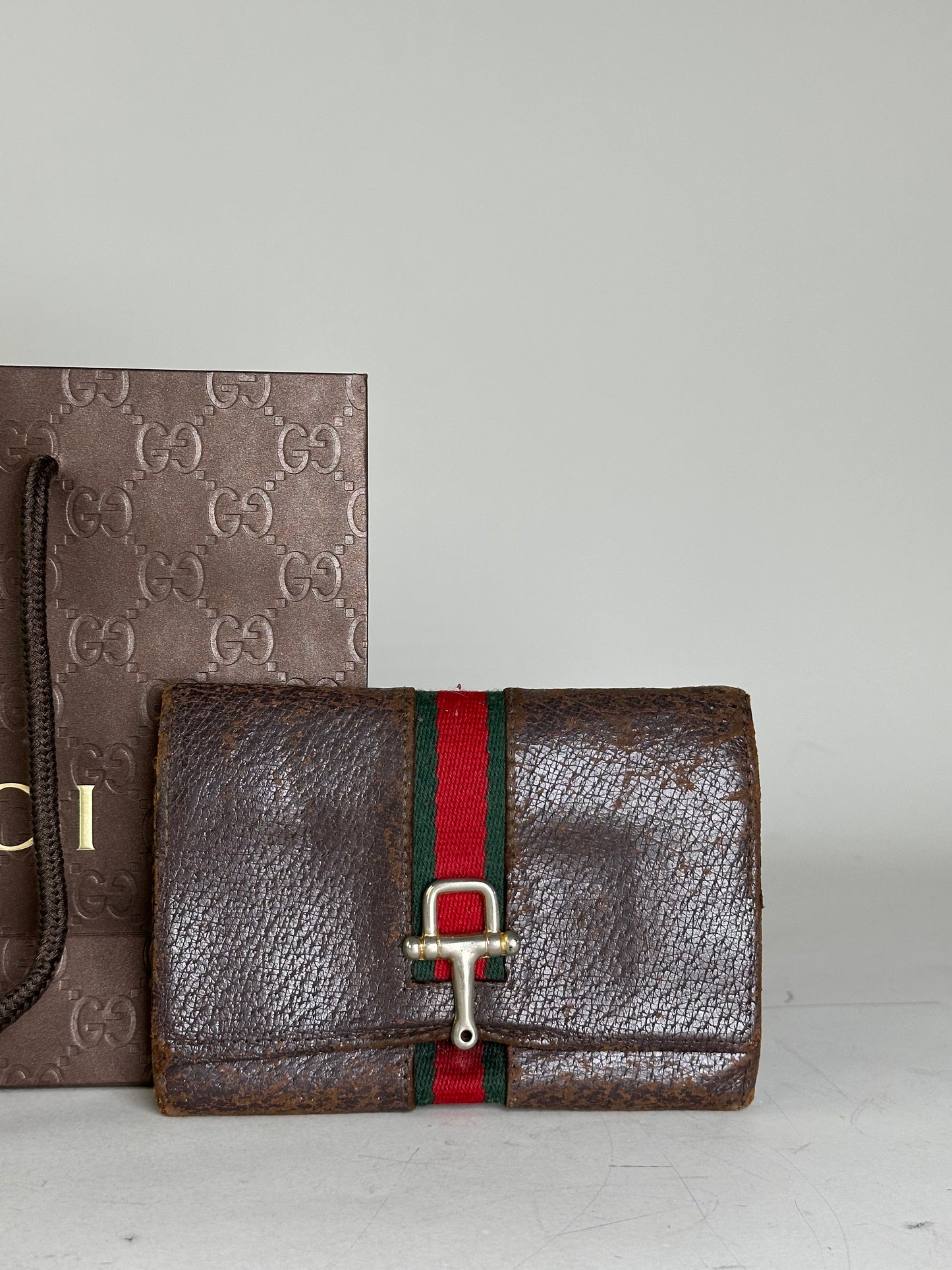 Vintage Gucci Leather Wallet Brown Silver