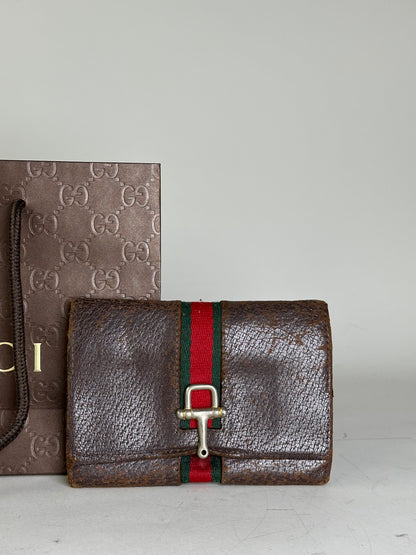 Vintage Gucci Leather Wallet Brown Silver