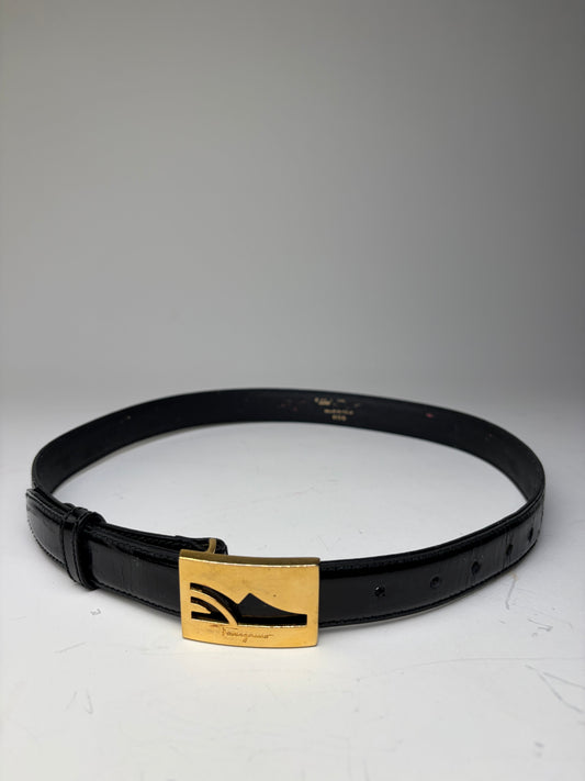 Vintage Ferragamo Patent Leather Logo Belt Black Gold