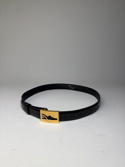 Vintage Ferragamo Patent Leather Logo Belt Black Gold