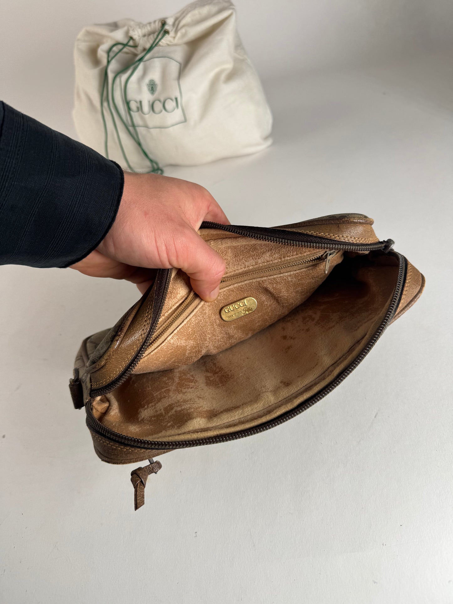 Vintage Gucci Monogram Leather Clutch Grey Brown
