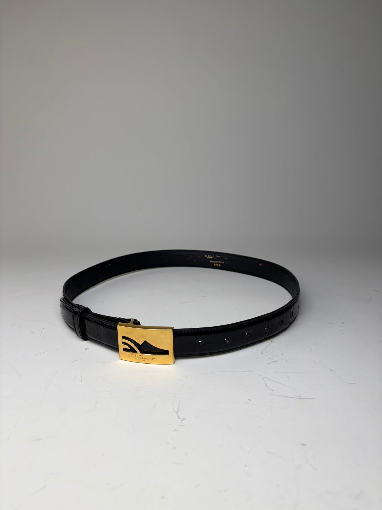 Vintage Ferragamo Patent Leather Logo Belt Black Gold