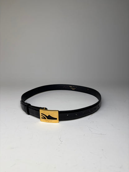 Vintage Ferragamo Patent Leather Logo Belt Black Gold