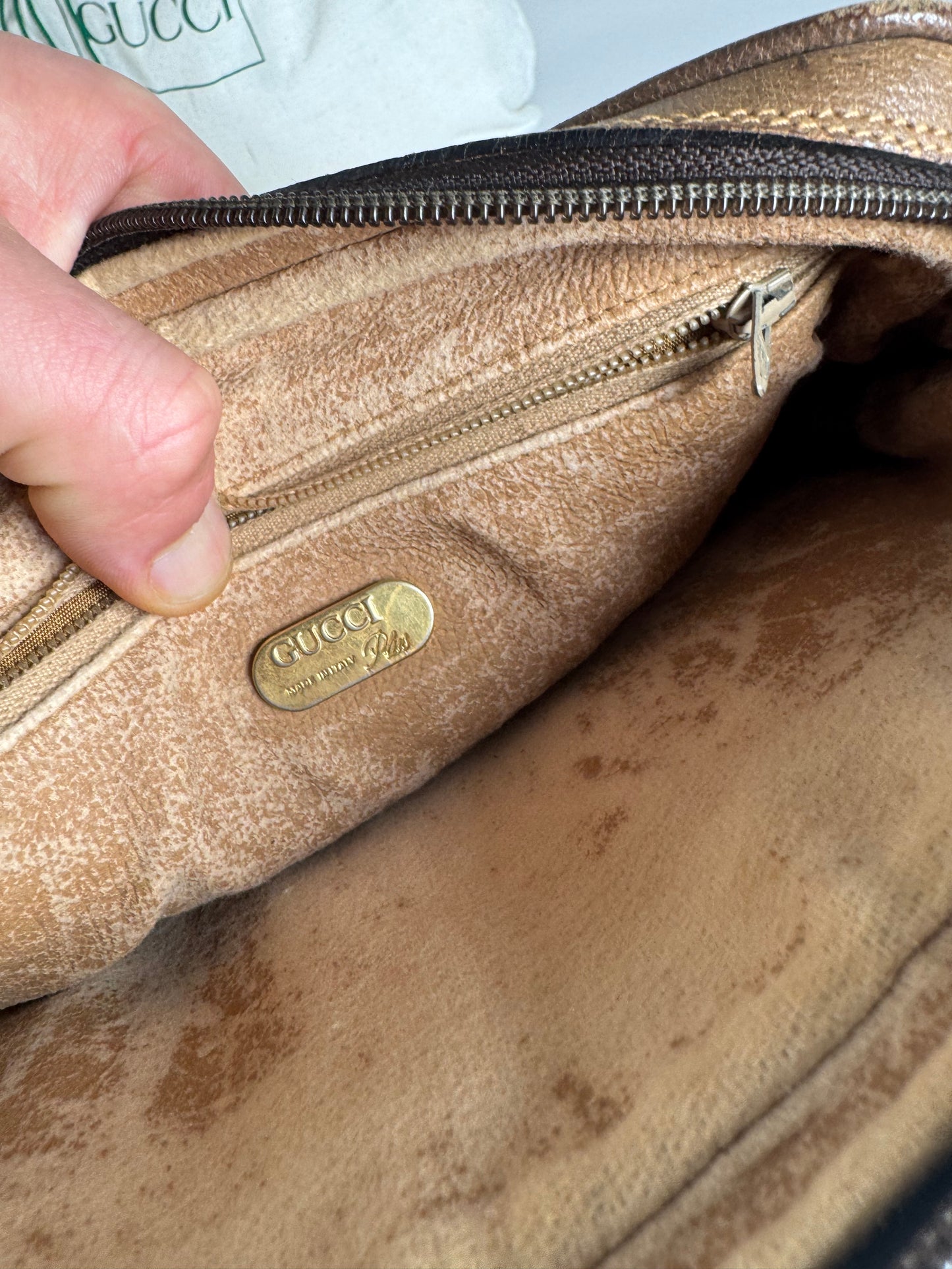 Vintage Gucci Monogram Leather Clutch Grey Brown