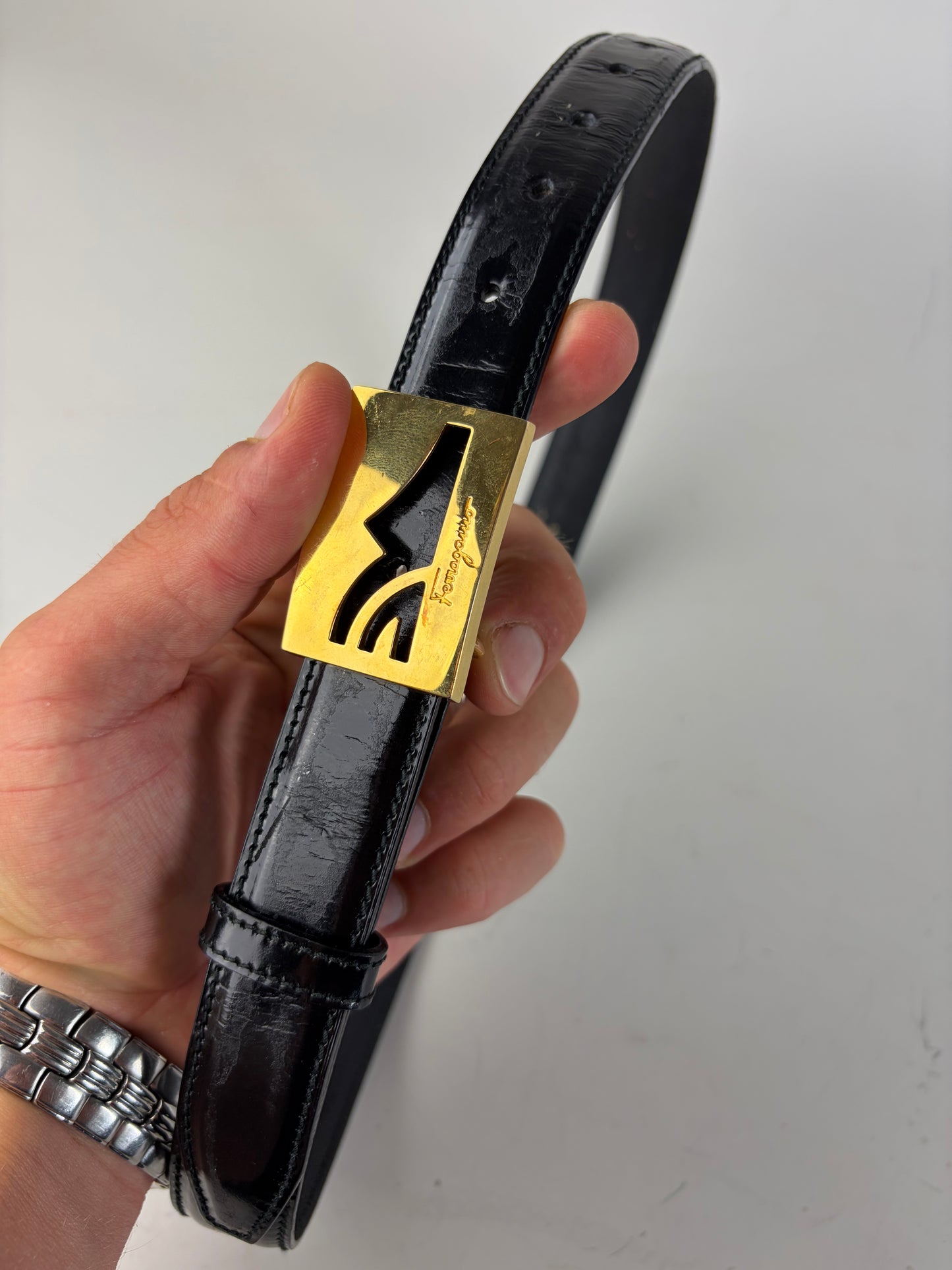 Vintage Ferragamo Patent Leather Logo Belt Black Gold