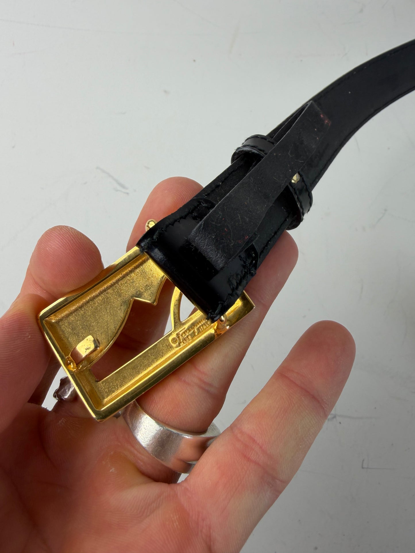 Vintage Ferragamo Patent Leather Logo Belt Black Gold