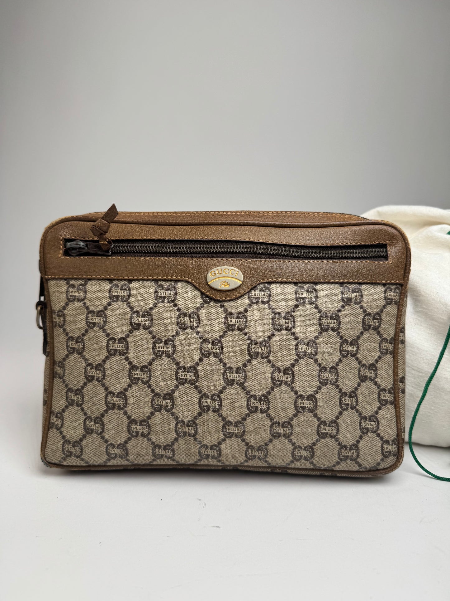 Vintage Gucci Monogram Leather Clutch Grey Brown