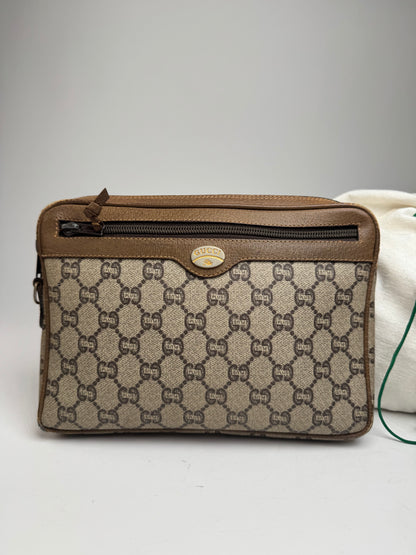 Vintage Gucci Monogram Leather Clutch Grey Brown