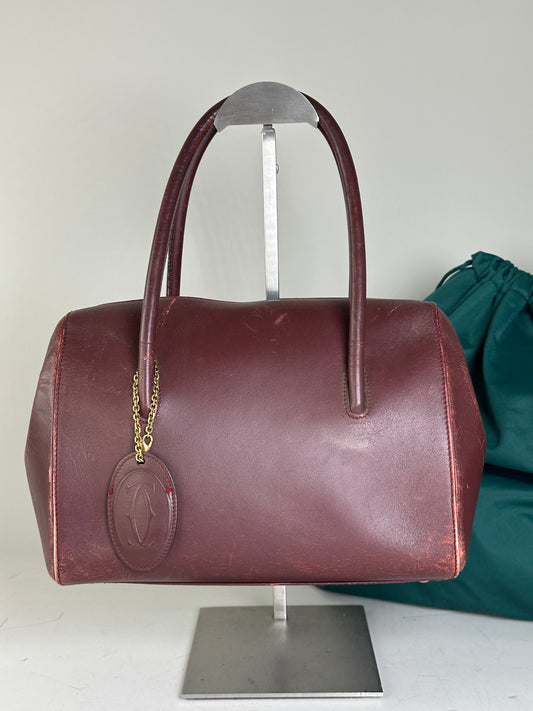 Vintage Cartier Leather Handbag Burgundy Gold-Tone Zip