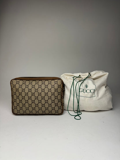 Vintage Gucci Monogram Leather Clutch Grey Brown