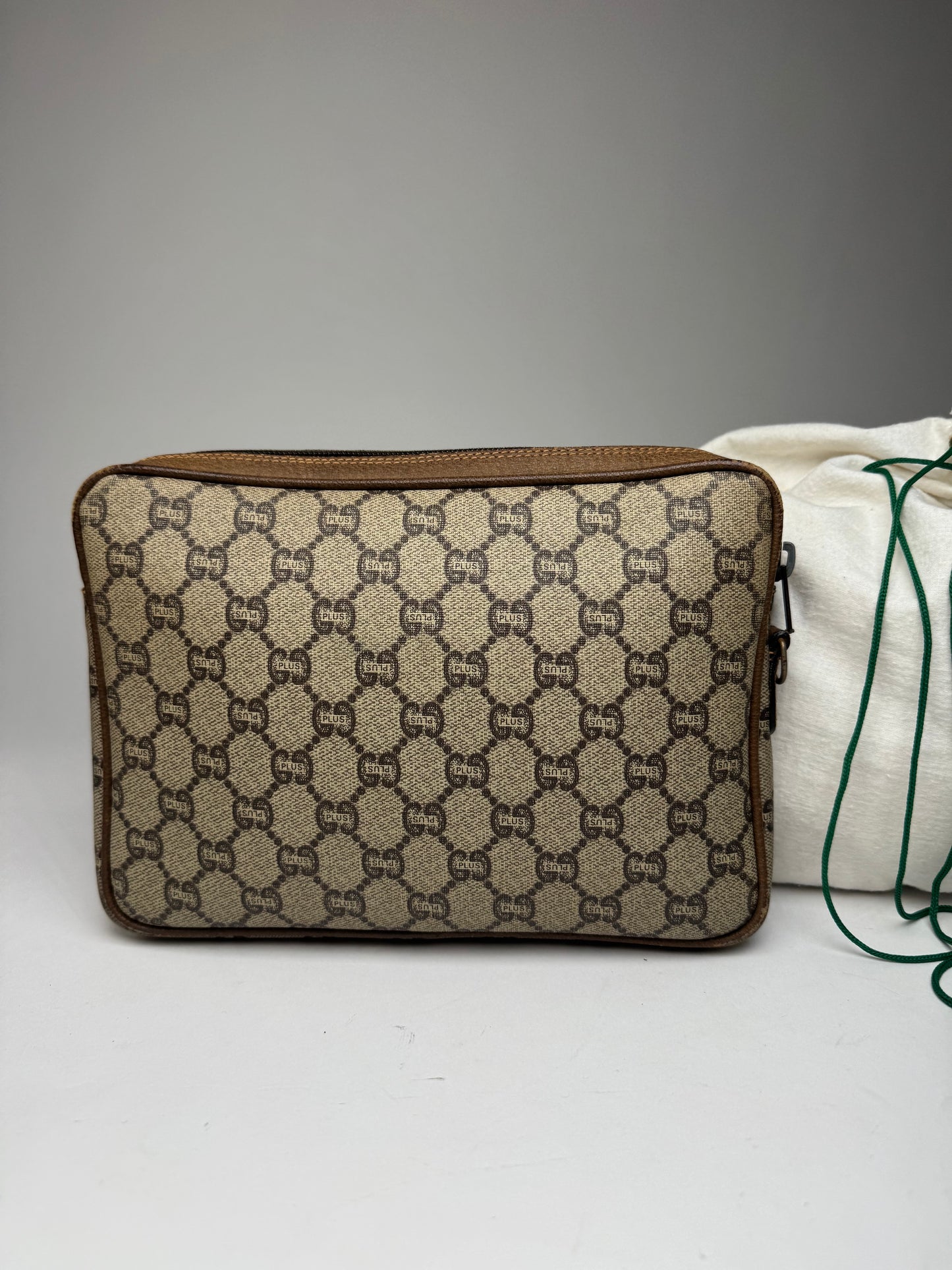Vintage Gucci Monogram Leather Clutch Grey Brown