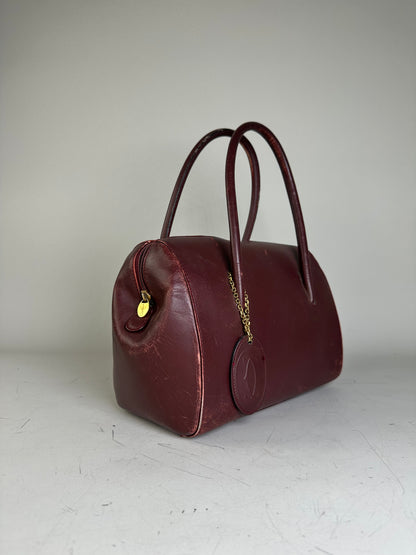Vintage Cartier Leather Handbag Burgundy Gold-Tone Zip