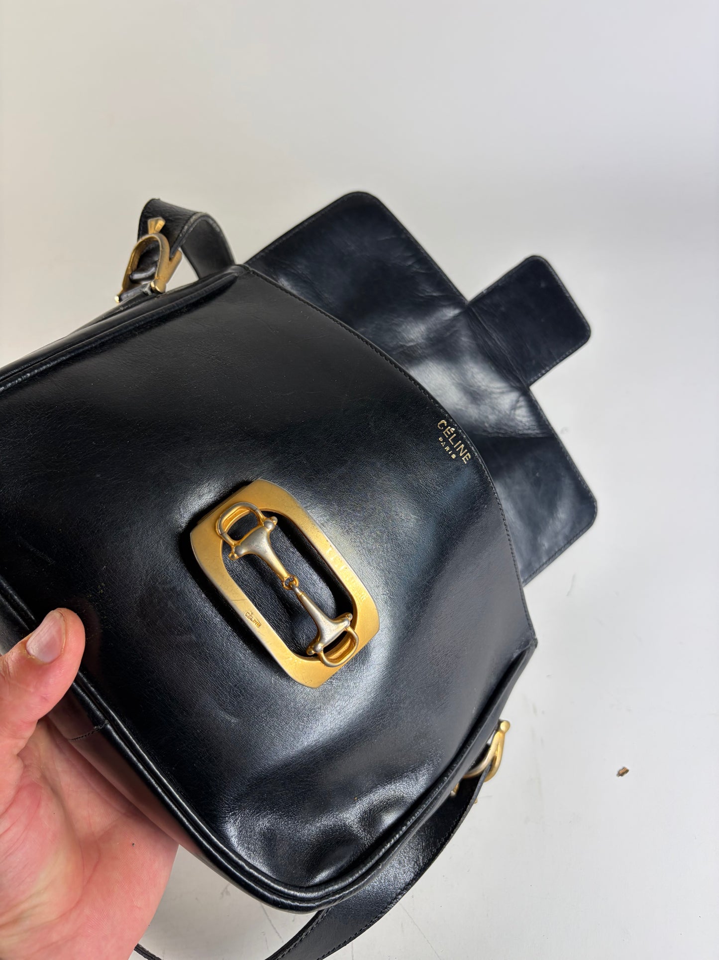 Vintage Celine Leather Shoulder Bag Black Gold-tone Clasp