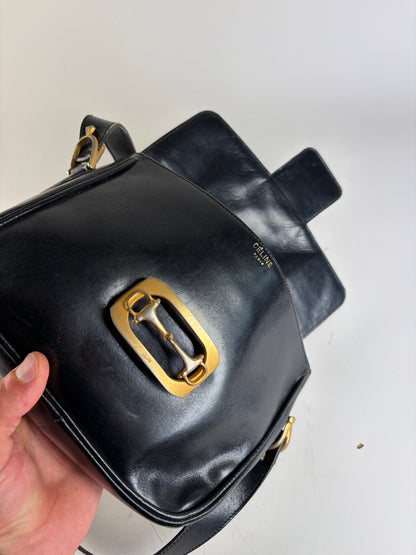 Vintage Celine Leather Shoulder Bag Black Gold-tone Clasp
