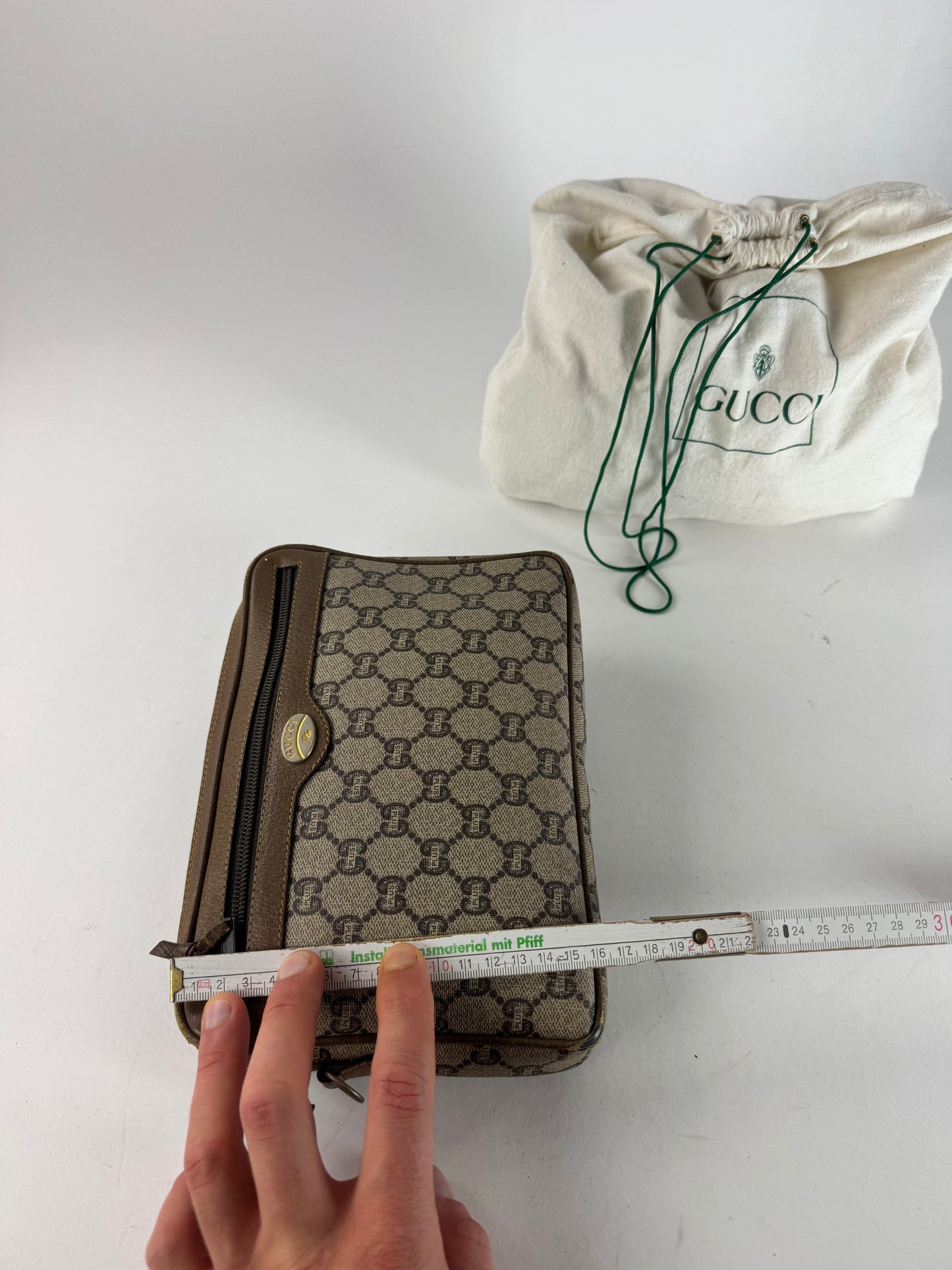 Vintage Gucci Monogram Leather Clutch Grey Brown