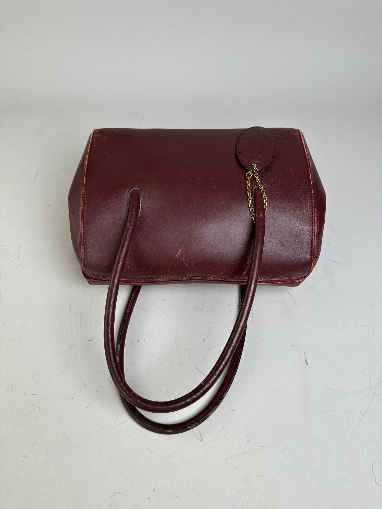 Vintage Cartier Leather Handbag Burgundy Gold-Tone Zip