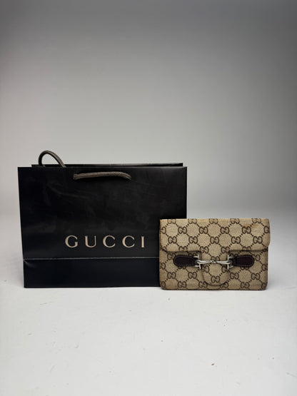 Vintage Gucci Monogram Leather Card Holder Horsebit Beige