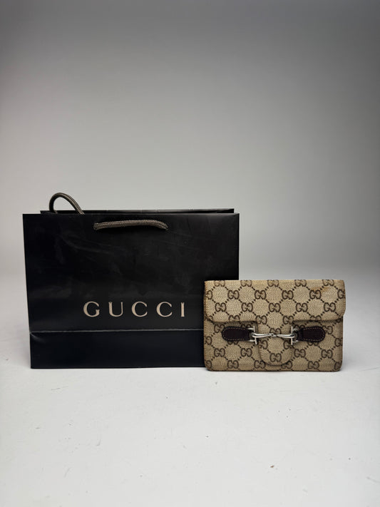 Vintage Gucci Monogram Leather Card Holder Horsebit Beige