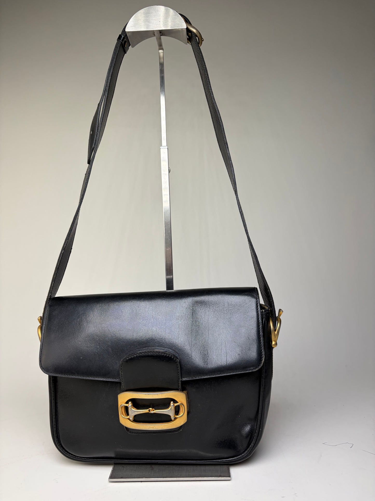Vintage Celine Leather Shoulder Bag Black Gold-tone Clasp