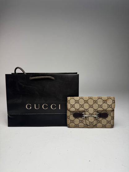 Vintage Gucci Monogram Leather Card Holder Horsebit Beige