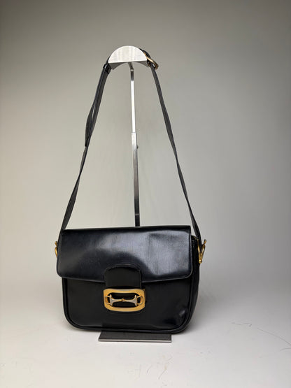 Vintage Celine Leather Shoulder Bag Black Gold-tone Clasp