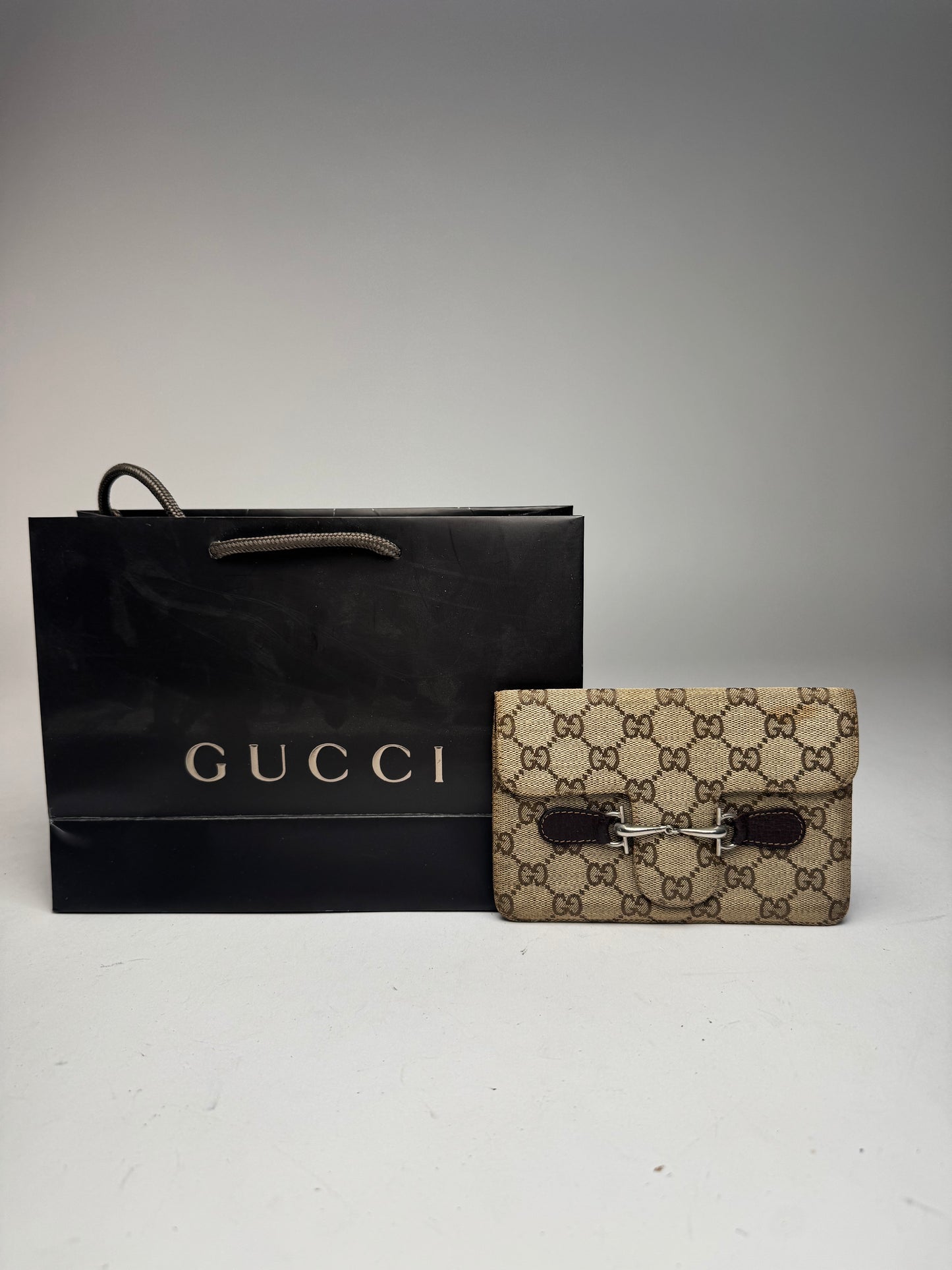 Vintage Gucci Monogram Leather Card Holder Horsebit Beige