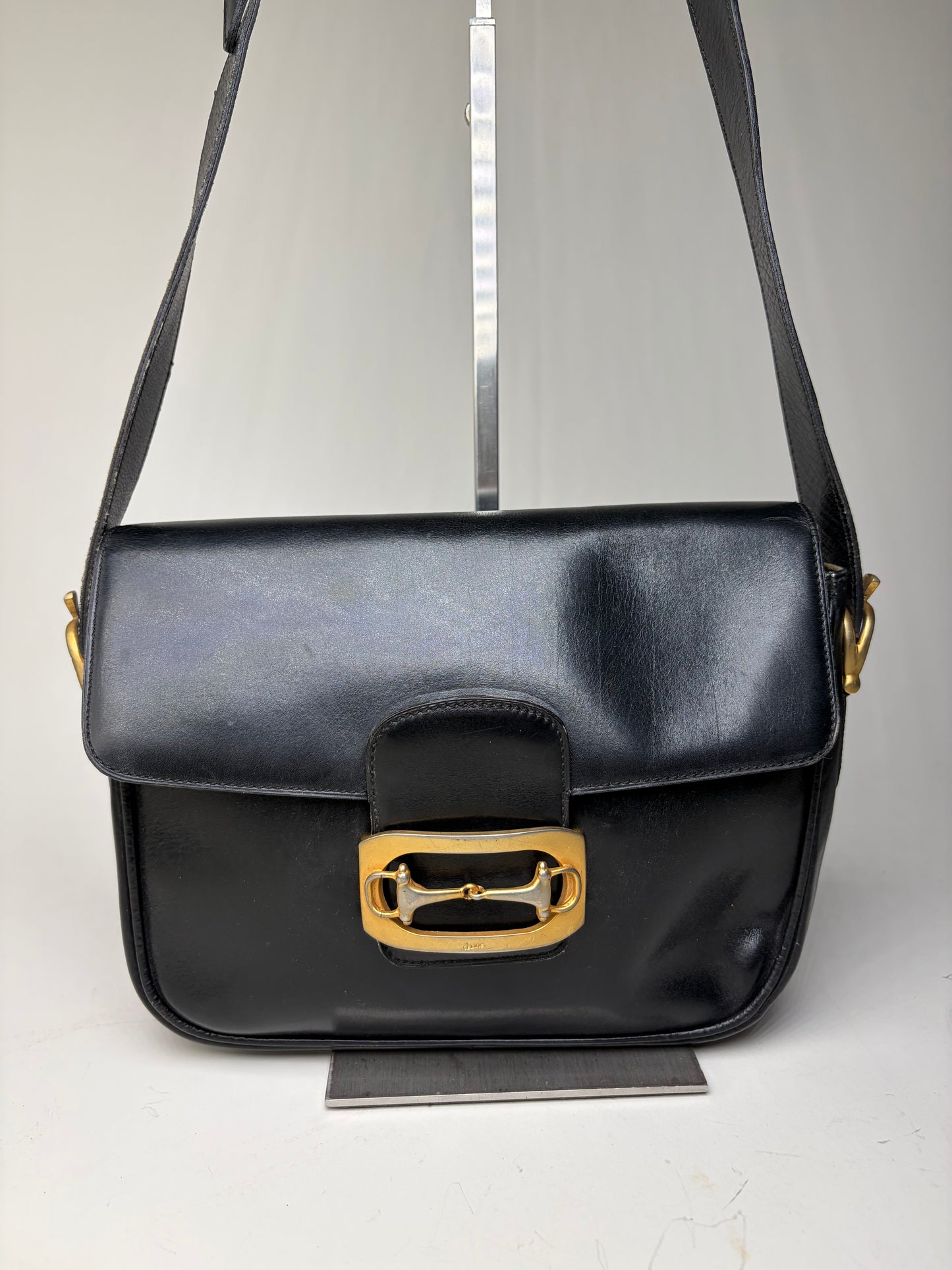 Vintage Celine Leather Shoulder Bag Black Gold-tone Clasp